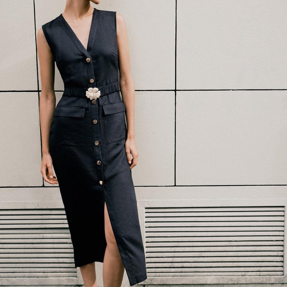 Zara Navy Blue Linen Belted Midi Dress Small V‑Neck Sleeveless Slit Summer NWT